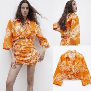 Zara Womens Orange Paisley Print Knotted Crop Top Button Up Blouse Size S